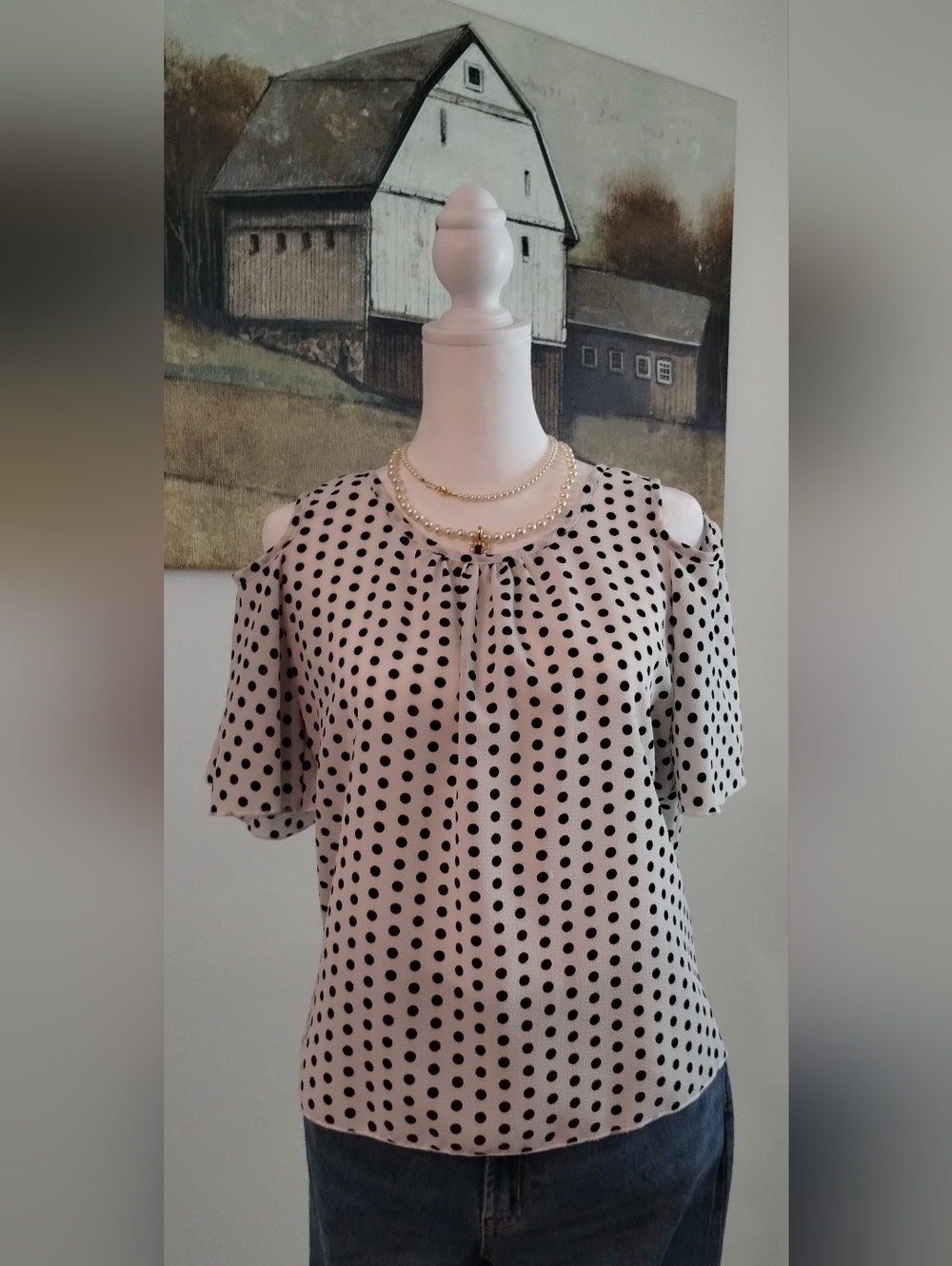 Rainbow White Cold-Shoulder Polka Dot Blouse with Black Dots